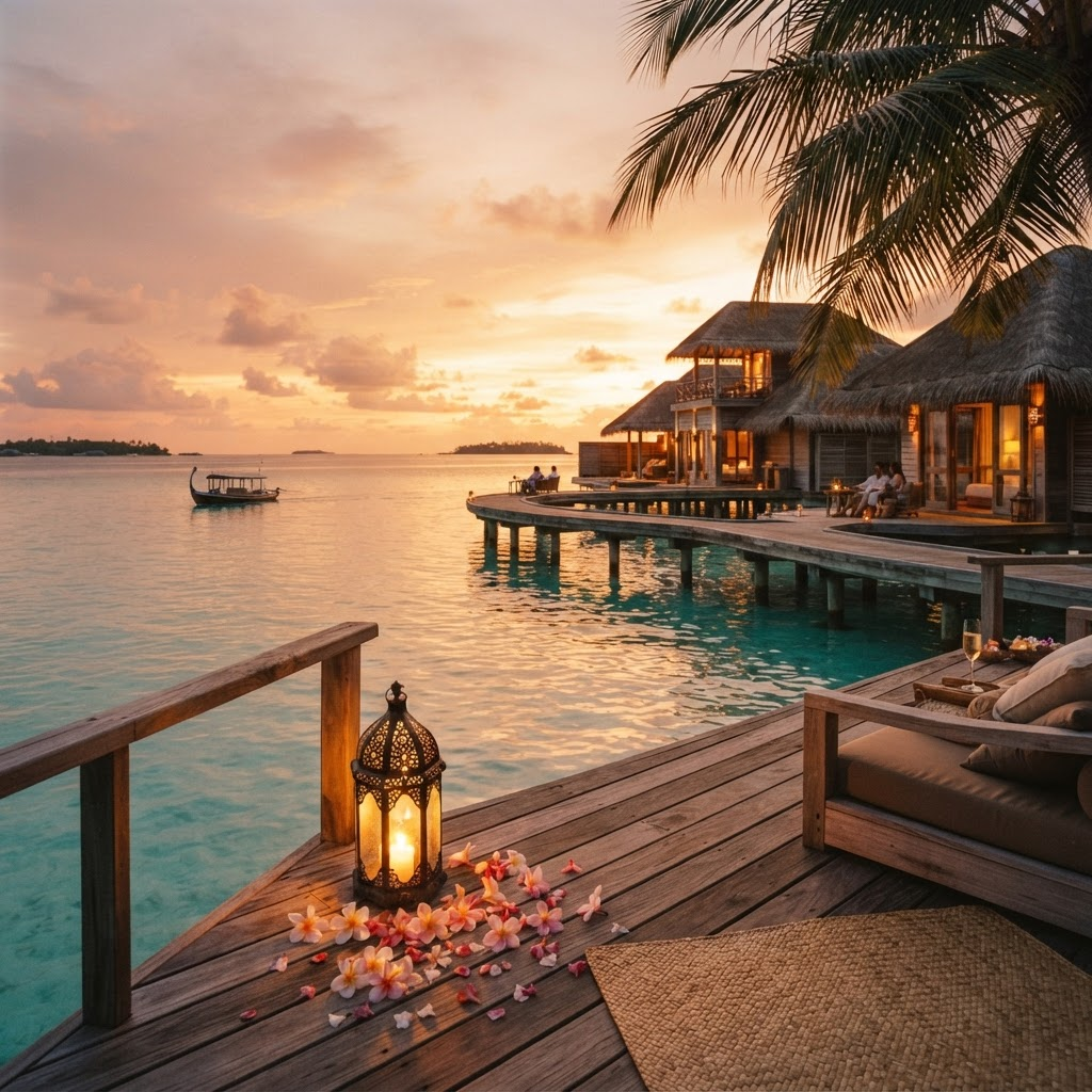 A romantic overwater villa at sunset in the tropics